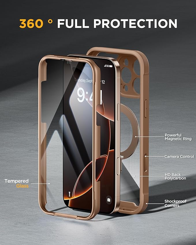Miracase for iPhone 16 Pro Max Case with 360° Magnetic Ring Stand [Compatible with Magsafe] Full-Body Drop Proof Bumper Phone Case with Built-in 9H Tempered Glass Screen Protector,Brown