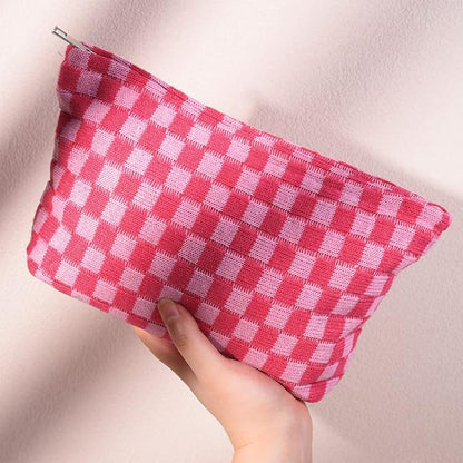2 Pieces Makeup Bag Large Checkered Cosmetic Bag Capacity Canvas Travel Toiletry Bag Organizer Cute Makeup Brushes Aesthetic Accessories Storage Bag for Women, Checkered L Green Rose red