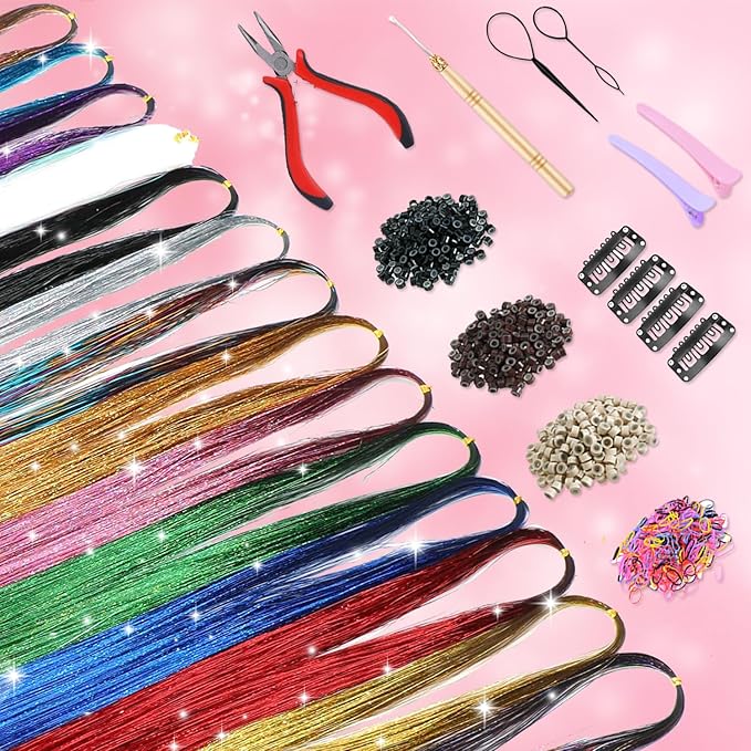 20 Colors Hair Tinsel Kit with Tools 48 Inch 4600 Strands Fairy Hair Tinsel Heat Resistant Glitter Tinsel Hair Extensions Hair Accessories Hair Tinsel Kit for Girls Women Kids (20 Colors)