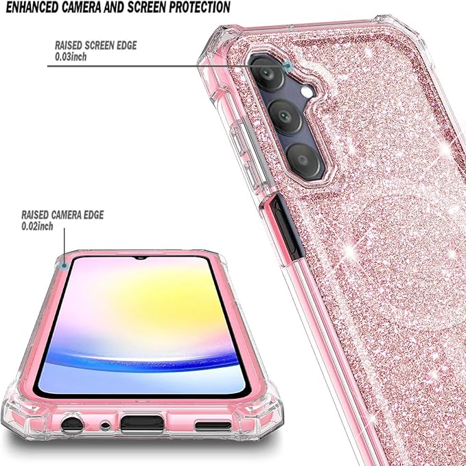 Designed for Samsung Galaxy A36-5G Phone Case, Magnetic Compatible with MagSafe, [Raised Corners Drop Protection] Shockproof Protective Bumper Cover (Glitter Rose Gold)