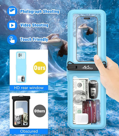 MoKo Double Case Waterproof Phone Pouch, 2Pack Waterproof Phone Case Dry Bag with Adjustable Lanyard Compatible with iPhone 15 14 Pro Max Galaxy S23 Ultra/Note 20 Ultra Up to 7 Inches, Blue+Green