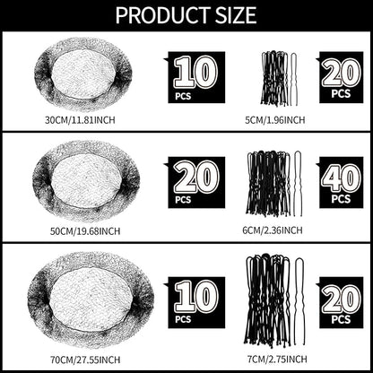 Teenitor Invisible Elastic Hair Nets with Bobby Pins for Ballerina Buns - 40 Black Nets (12, 20, 28 Inch) and 80 Pins