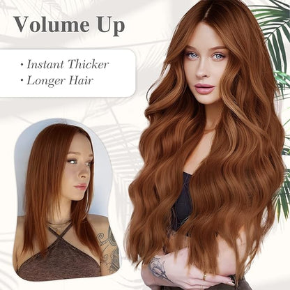 MORICA Halo Hair Extensions 20 Inch Auburn Invisible Wire Hair Extensions, Long Wavy Synthetic Hairpiece with Transparent Wire Adjustable Size, 4 Secure Clips for Women