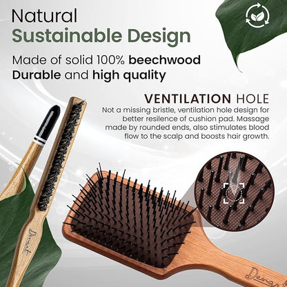 2 Packs Wooden Hand Made Detangling Paddle and Teasing Boar Bristle Hairbrush, Comfortable Gently Detangles, Reduce breakage, Pain-Tangle Free Brushing, All Wet, Dry Hair Types, Women, Men