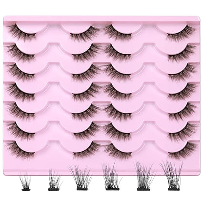 Newcally Half Lashes Mink Natural Cat Eye Wispy False Eyelashes 3D Volume Strip Fake Eyelashes Accent Corner 3/4 Eye Lashes DIY Cluster Faux Mink Half Eyelashes 14 Pairs