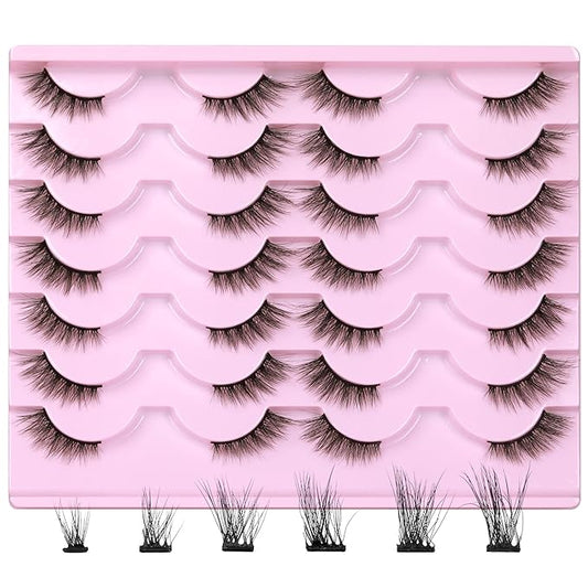 Newcally Half Lashes Mink Natural Cat Eye Wispy False Eyelashes 3D Volume Strip Fake Eyelashes Accent Corner 3/4 Eye Lashes DIY Cluster Faux Mink Half Eyelashes 14 Pairs