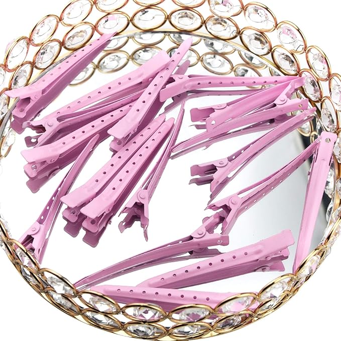 24 Packs Duck Bill Clips, Bantoye 3.35 Inches Rustproof Metal Alligator Curl Clips with Holes for Hair Styling, Hair Coloring, Pink