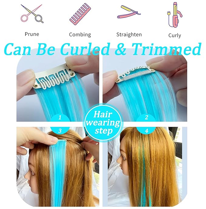 10 Pcs Colored Hair Extensions, Multi-colors Party Highlights Clip in Heat-Resistant Synthetic Hair Extensions 20 inch (Light Pink Sky Blue)