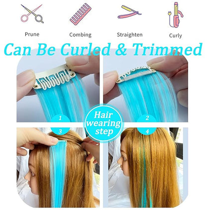 10 Pcs Colored Hair Extensions, Multi-colors Party Highlights Clip in Heat-Resistant Synthetic Hair Extensions 20 inch (Light Pink Sky Blue)