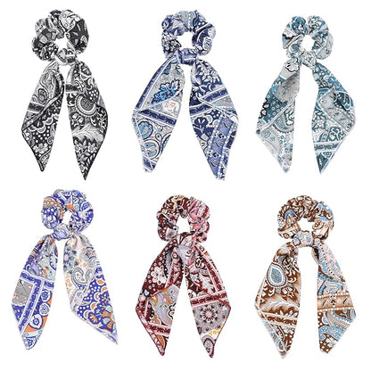 Paisley Scrunchie Scarfs Large Hair Bow Scrunchies Chiffon Hair Scarf Ties Long Tail Ponytail Holders Bandana Scrunchy Ribbons Fashion Hair Scarves Bows Bands Accessories for Women with 6PCS