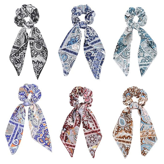 Paisley Scrunchie Scarfs Large Hair Bow Scrunchies Chiffon Hair Scarf Ties Long Tail Ponytail Holders Bandana Scrunchy Ribbons Fashion Hair Scarves Bows Bands Accessories for Women with 6PCS