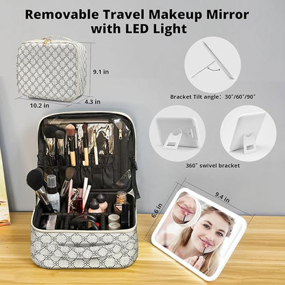 Omobolanle Makeup Bag with Mirror Led Light Detachable Portable Makeup Organizer Travel Train Case with Adjustable Dividers and 10x Magnifying Mirror Cosmetic Toiletry Bag White/Grey