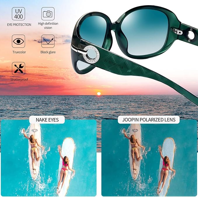 Joopin Big Womens Sunglasses Polarized Trendy Sun Glasses Large Rectangle UV Protection Rhinestone Sunnies