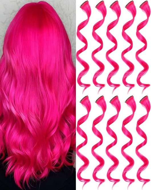 10 PCS Hot Pink Hair Extensions Clip in Kid's Party Highlights, Colored Hair Extensions Hairpiece Curly for Girls Women 17 Inch