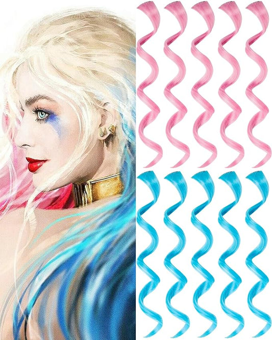10 PCS Pink and Lake Blue Hair Extensions, Curly Wavy Synthetic Hairpieces Clip in Rainbow Neon Party Highlights, Colorful Hair Accessories for Women 17 inch (Pink Lake Blue)