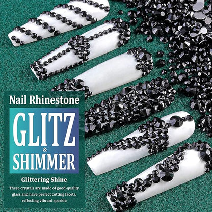 6 Sizes Black Glass Crystal Kit with Pickup Pen + Tweezer Tools for Shine Nail Art Manicure Makeup DIY Decoration Flatback Round Rhinestone Gem Jewelry Diamond