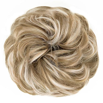 MORICA 1PCS Messy Hair Bun Hair Scrunchies Extension Curly Wavy Messy Synthetic Chignon for Women (27h613(Honey Blonde & Lightest Blonde))