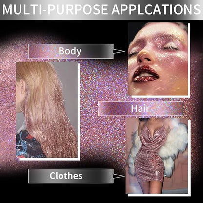 Body Glitte Spray, 150ML Pink Glitter Spray for Hair and Body, Long-Lasting and Quick-Drying Holographic Glitter Hairspray for Kids Women, Body Shimmer Festival Rave and Makeup 4.2 Fl Oz