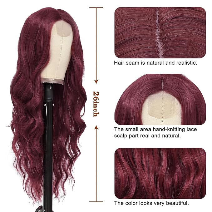 NAYOO Long Wine Red Wavy Wig for Women 26 Inch Middle Part Curly Wavy Wig Natural Looking Synthetic Heat Resistant Fiber for Daily (Wine Red)