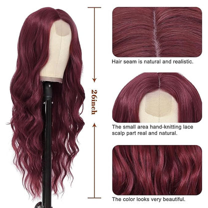 NAYOO Long Wine Red Wavy Wig for Women 26 Inch Middle Part Curly Wavy Wig Natural Looking Synthetic Heat Resistant Fiber for Daily (Wine Red)