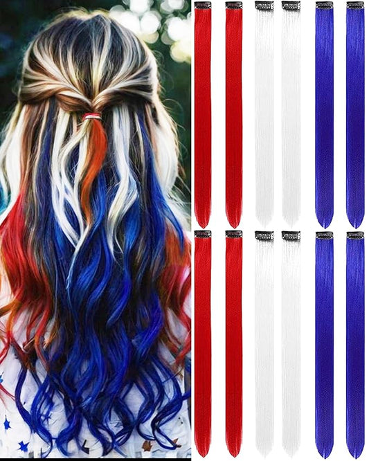 12 PCS Red White Blue Clip-In Straight Hair Extensions, 22 Inch Colored Party Synthetic Neon Highlights, Rainbow Hair Accessories for Girls Women Kids