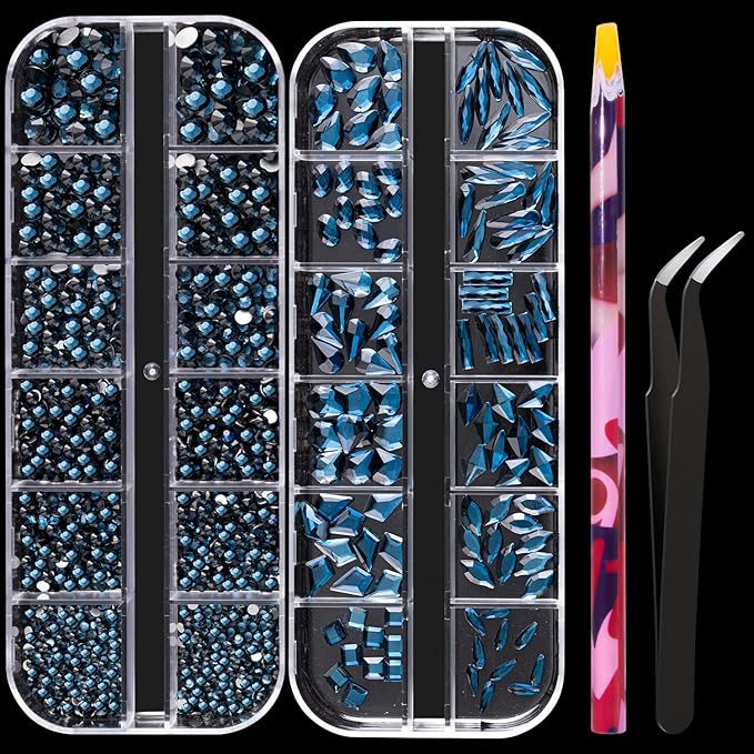 Multi Shapes Black Blue 3D Glass Crystal Nail Art Rhinestones Kit with Flatback Round Bead Charm Gem Stone Jewelry Diamond with Pickup Pen + Tweezer for Manicure Makeup DIY Craft Decoration