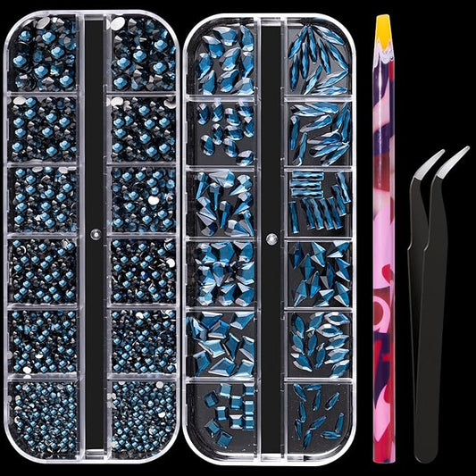Multi Shapes Black Blue 3D Glass Crystal Nail Art Rhinestones Kit with Flatback Round Bead Charm Gem Stone Jewelry Diamond with Pickup Pen + Tweezer for Manicure Makeup DIY Craft Decoration
