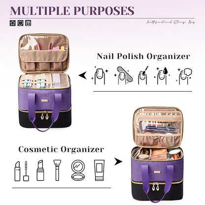 Nail Polish Organizer, Double Layer Nail Organizer and Storage Box Holds 42 Bottles & Nail Tech Kit Supplies, Large Capacity Nail Polish Organizer Case Carrying Bag