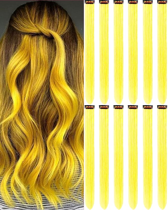 12 PCS Yellow Hair Extensions Clip in, 20 Inch Colored Party Synthetic Neon Highlights Extensions, Rainbow Hair Accessories for Girls Women Kids Hair Pieces (Yellow)
