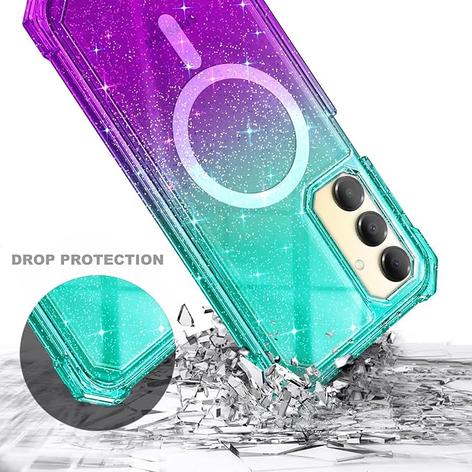 Designed for Samsung Galaxy A16 5G/4G Phone Case, Magnetic Compatible with MagSafe, [Raised Corners Drop Protection] Shockproof Protective Bumper Cover (Glitter Aqua/Purple)
