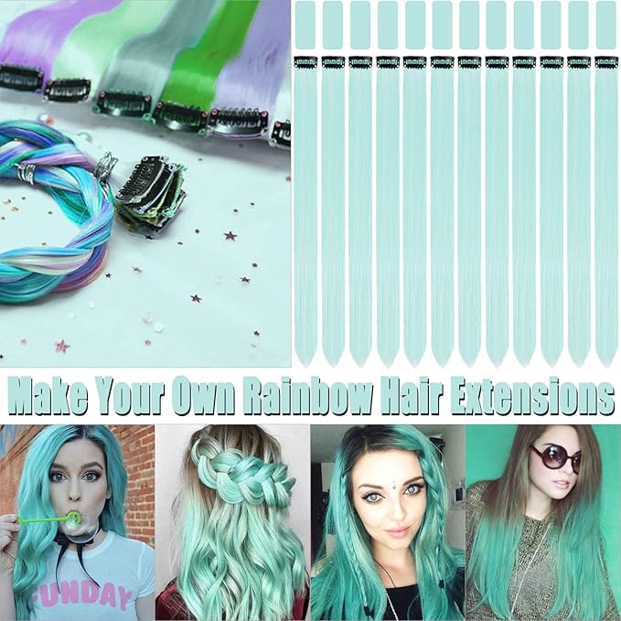 12 PCS Teal Hair Extensions Clip in, 20-inch Colored Party Synthetic Neon Highlights Extensions, Cyan Hair Accessories for Kids Girls Women Hair Pieces (Mint Green)