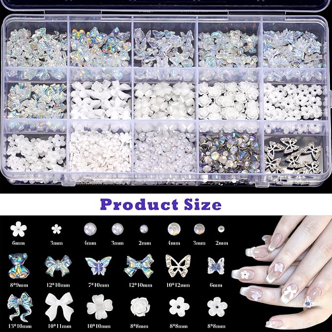 3D Acrylic Polar Butterfly Flowers Nail Charms with Starry AB Crystals Rhinestones Multi Sizes Pearls Mix Gold for Art DIY Decal Jewelry Accessories Crafting, 2 Piece Set