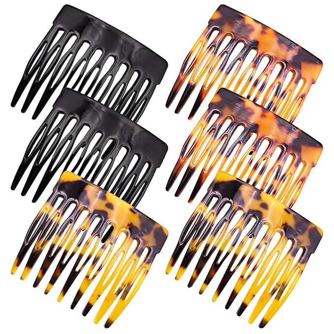 6 Pcs French Hair Side Combs Small Decorative French Twist Hair Styling Accessories, Strong Hold Hair Comb Clips for Women (Bllack, Yellow Acetate, Red Acetate)