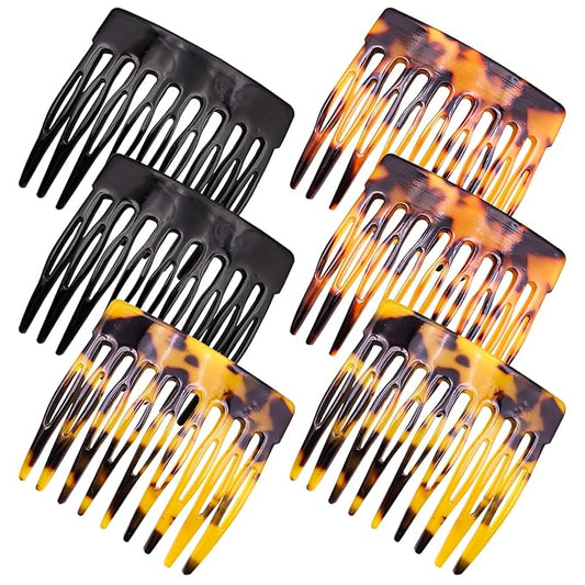 6 Pcs French Hair Side Combs Small Decorative French Twist Hair Styling Accessories, Strong Hold Hair Comb Clips for Women (Bllack, Yellow Acetate, Red Acetate)