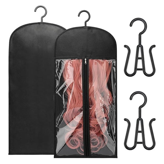 2PCS Wig Storage Bags with Hanger Hair Extension Holder Dust-proof Storage Organizer with Hook for Multiple Wigs Hair Extensions, wigs & accessories Holder Home Hair Salon Travel Use