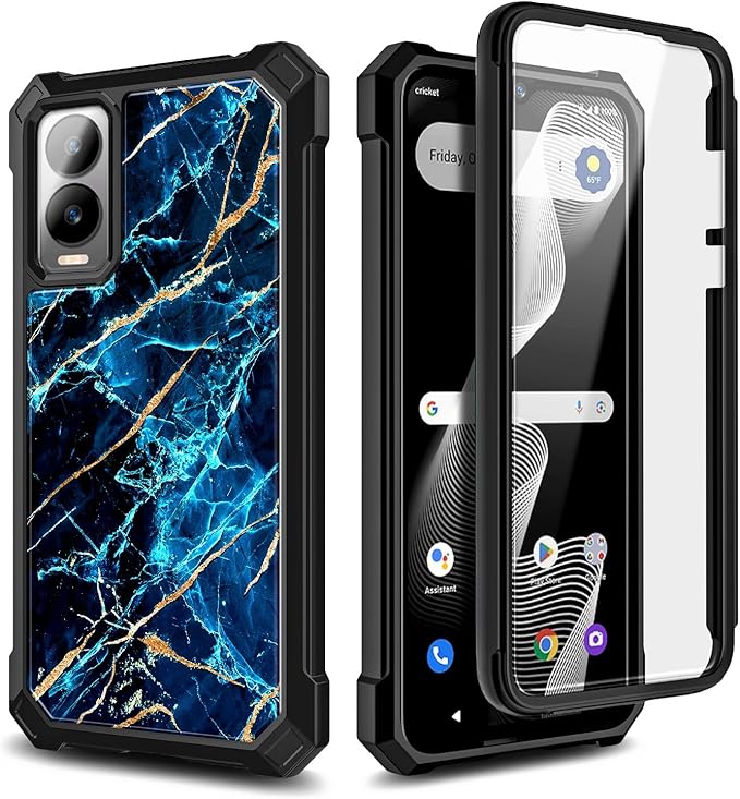 for Cricket Debut S3 Phone Case (U572AC), AT&T Vista 2 (2024 U572AA) with [Built-in Screen Protector] 9FT Military Grade Drop Tested Full-Body Protective Shockproof Bumper Cover -Marble Sapphire