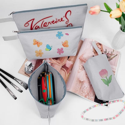 10 Pieces Cotton Canvas Makeup Bag with Bottom and Strap, Multi-Purpose Cosmetic Bag with Zipper Travel Toiletry Pouch, Blank DIY Craft Bag (Grey, M)