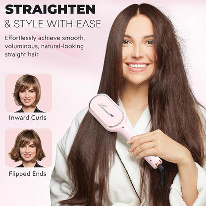 LANVIER Hair Straightener Brush, Ionic Straightening Brush with Infrared, Heated Straightening Comb with Negative Ions, Dense Bristles, 32 Temps, Dual Voltage, Flat Iron Comb for All Hair Type