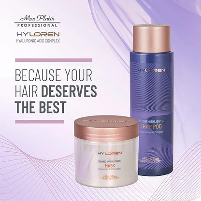 Mon Platin HY Loren Blonde Highlights Mask with Hyaluronic Acid - 500 ml Premium Blonde Hair Mask to Neutralize Yellow and Orangey Tones - Treatment to Repair, Restore, Soften, and Strengthen Hair