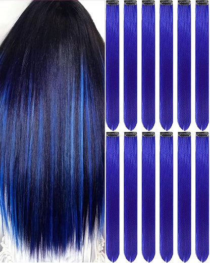 12 PCS Blue Hair Extensions Clip in, 22 Inch Colored Hair Extensions Party Highlights Long Straight Synthetic Hairpieces for Women Kids Girls