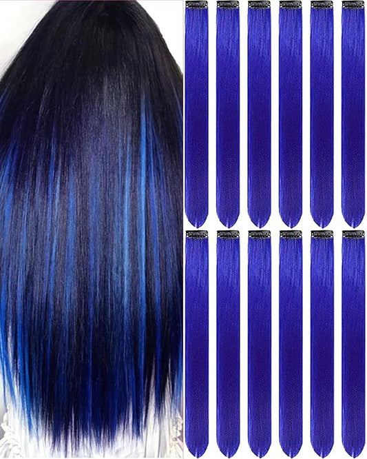 12 PCS Blue Hair Extensions Clip in, 22 Inch Colored Hair Extensions Party Highlights Long Straight Synthetic Hairpieces for Women Kids Girls