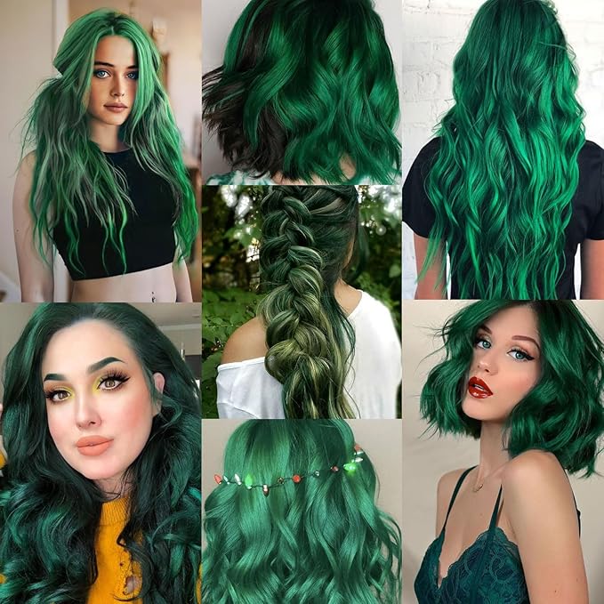20 Inch Colored Green Hair Extensions Party Highlights Colorful Clip in Hair Extensions Straight Synthetic Hairpieces for Women Kids Girls Halloween Christmas Cosplay (Dark Green)