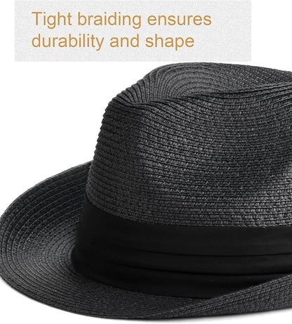 FURTALK Fedora Straw Sun Hat for Men Women Foldable Roll Up Short Brim Trilby Hat Panama Beach Hat UPF 80+