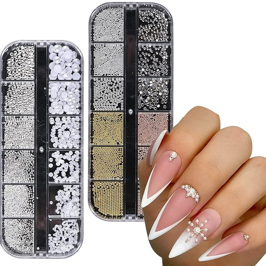 2 Boxes Nail Art Pearls Flatback Pearls Nail Charms Gold Silver White Half Round Nail Art Supplies Luxurious Design Nail Accessories Rhinestones for Women Nail Decorations.