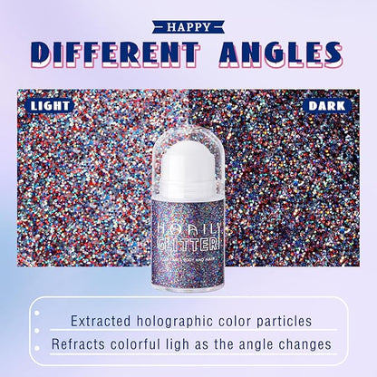 Red White and Blue Roll-on Body Glitter Gel, 4th of July Accessories Holographic Face Glitter Gel, Fourth of July Costume Makeup for Independence Day President's Day Patriotic Veterans Day