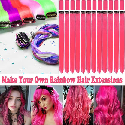 12 PCS Hot Pink Hair Extensions Clip in 22 inch, Colored Party Synthetic Neon Highlights Extensions, Rainbow Hair Accessories for Girls Women