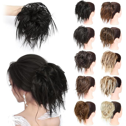 MORICA Tousled Updo Messy Bun Hair Piece Hair Extension Ponytail with Elastic Rubber Band Updo Wavy Bun Extensions Synthetic Hair Extensions Scrunchies Chignons Hairpiece for Women 1B
