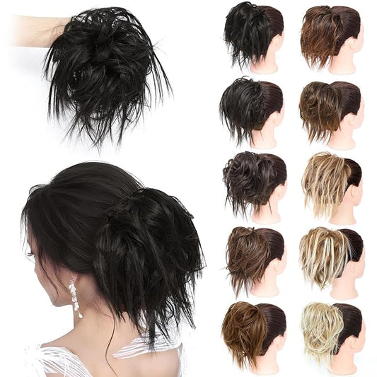 MORICA Tousled Updo Messy Bun Hair Piece Hair Extension Ponytail with Elastic Rubber Band Updo Wavy Bun Extensions Synthetic Hair Extensions Scrunchies Chignons Hairpiece for Women 1B