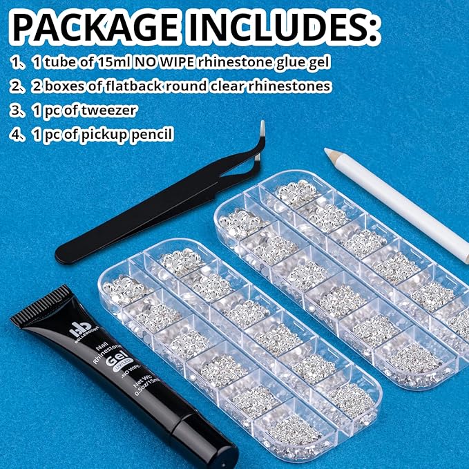 Nail Art Rhinestone Glue Gel&2 Boxes Flatback Gems Kit, 1 Tube of 15ml Rhinestone Gel Glue(UV/LED Needed)+Round Glass Crystal Clear Gemstones with Pickup Tools