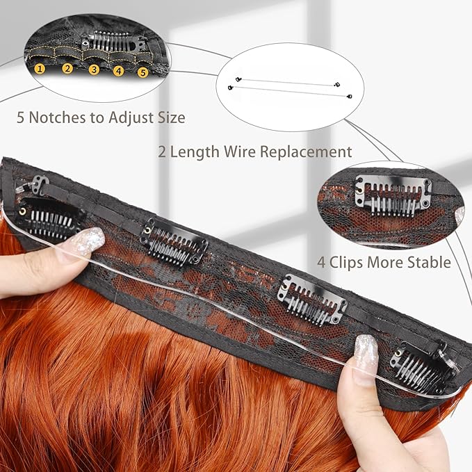 MORICA Invisible Wire Hair Extensions - Copper Red Halo Hair Extensions 20 Inch Long Wavy Synthetic Hairpiece with Transparent Wire, 4 Secure Clips